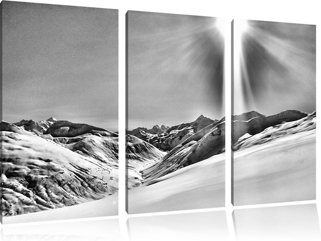 Pixxprint Monocrome, Schnee Berge 3-Teiler Leinwandbild 120x80 Bild auf Leinwand