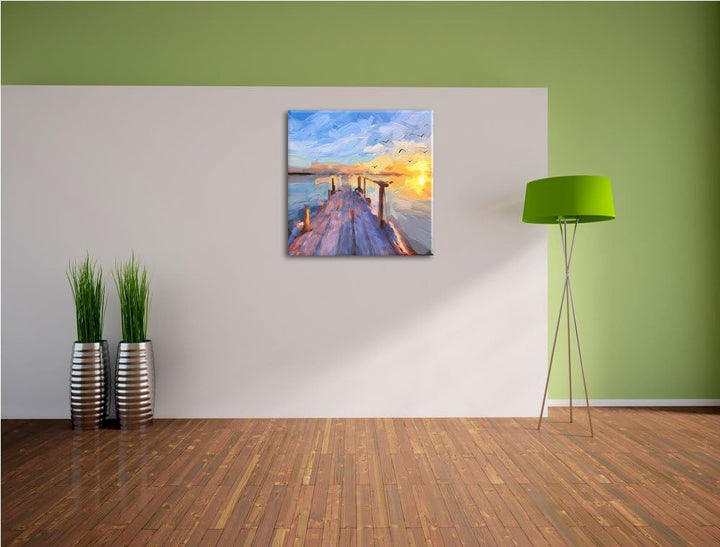 schöner Steg mit Möwen, Format: 70x70 auf Leinwand, XXL riesige Bilder fertig gerahmt mit Keilrahmen