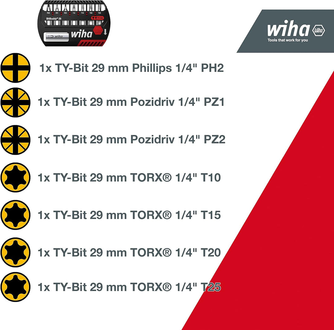 Wiha Bit Set BitBuddy I TY-Bit 29 mm I PH, PZ, TORX® 9-tlg. 1/4" C6,3 I magnetischer Bithalter I Imp