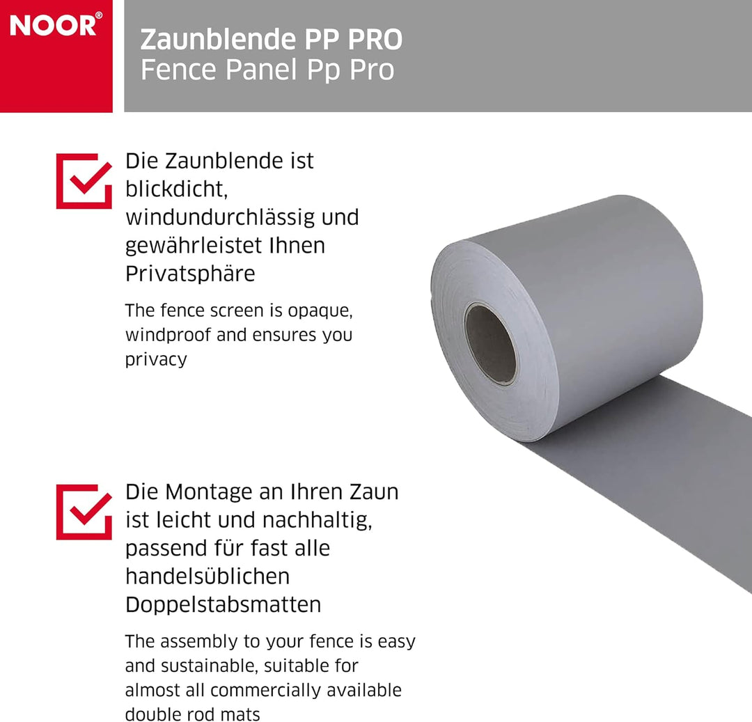 NOOR Zaunblende PP PRO 650 g/m2 Hellgrau I 0,19 x 35 m I Der ideale Sichtschutz für Ihren Doppelstab