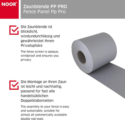 NOOR Zaunblende PP PRO 650 g/m2 Hellgrau I 0,19 x 35 m I Der ideale Sichtschutz für Ihren Doppelstab