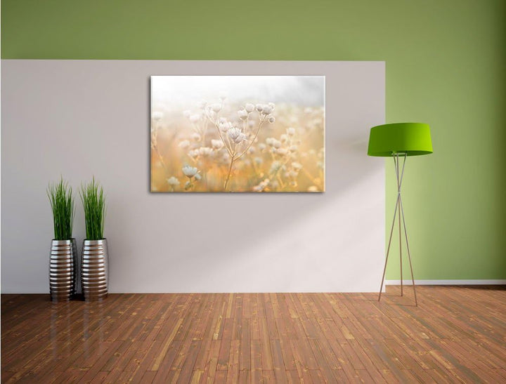 Pixxprint Romantische Blumenwiese Schwarz/Weiss als Leinwandbild/Grösse: 100x70 / Wandbild/Kunstdruc