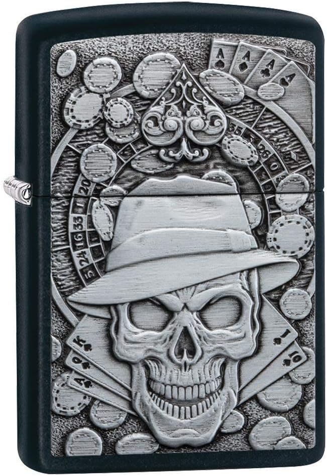 Zippo 49183 Unisex Emblem Pocket Lighter Feuerzeug, Black Matte Gambling Skull, Einheitsgrösse Matt