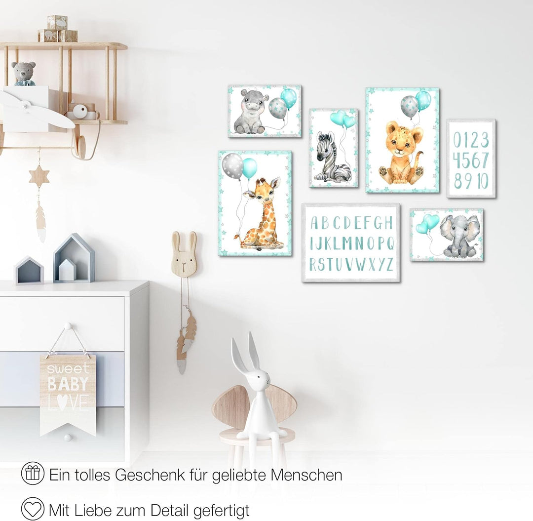 Novart Wandbilder Tiere - KOMPLETT AUFHÄNGFERTIG - Afrika Blau Kinderzimmer Mädchen Junge- 7 Moderne