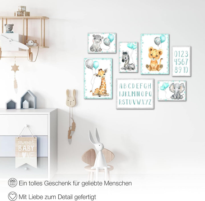 Novart Wandbilder Tiere - KOMPLETT AUFHÄNGFERTIG - Afrika Blau Kinderzimmer Mädchen Junge- 7 Moderne