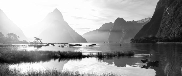 Glasbild Panorama | Wandbild aus Echtglas | Milford Sound Neuseeland | 100x40 cm | inkl. Aufhängung