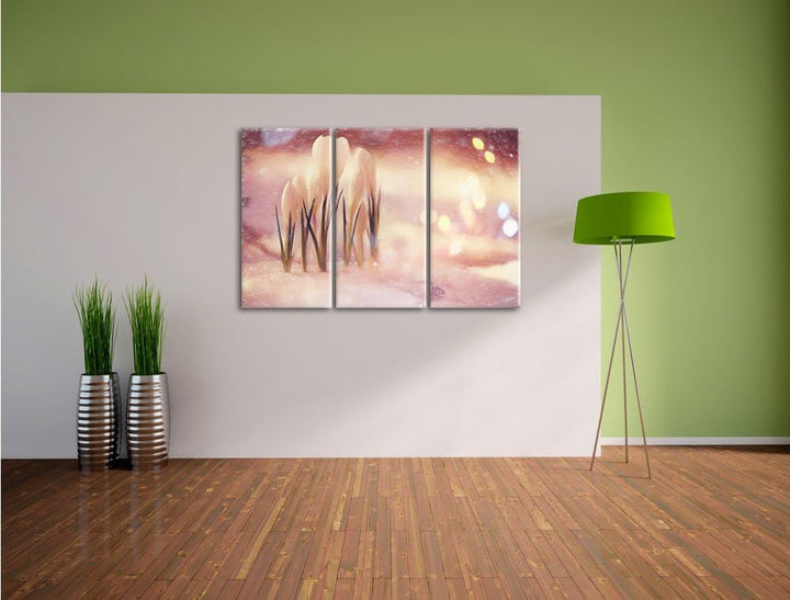 Pixxprint Schneeglöckchen im Frühjahr Kunst Buntstift Effekt 3-Teiler Leinwandbild 120x80 Bild auf L
