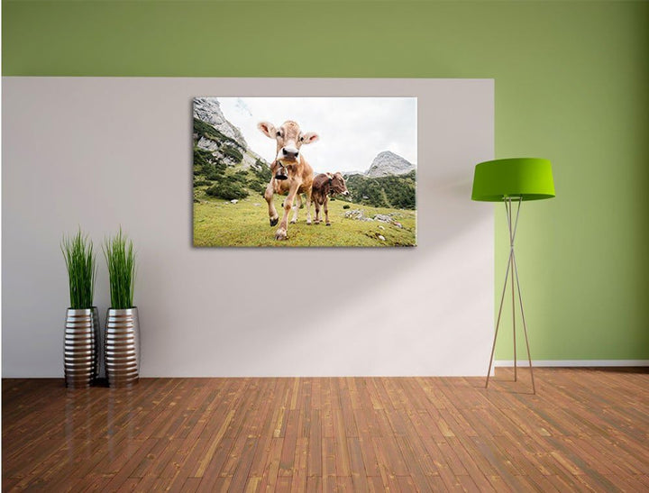 Almkuh auf der Weide, Format: 100x70 auf Leinwand, XXL riesige Bilder fertig gerahmt mit Keilrahmen,
