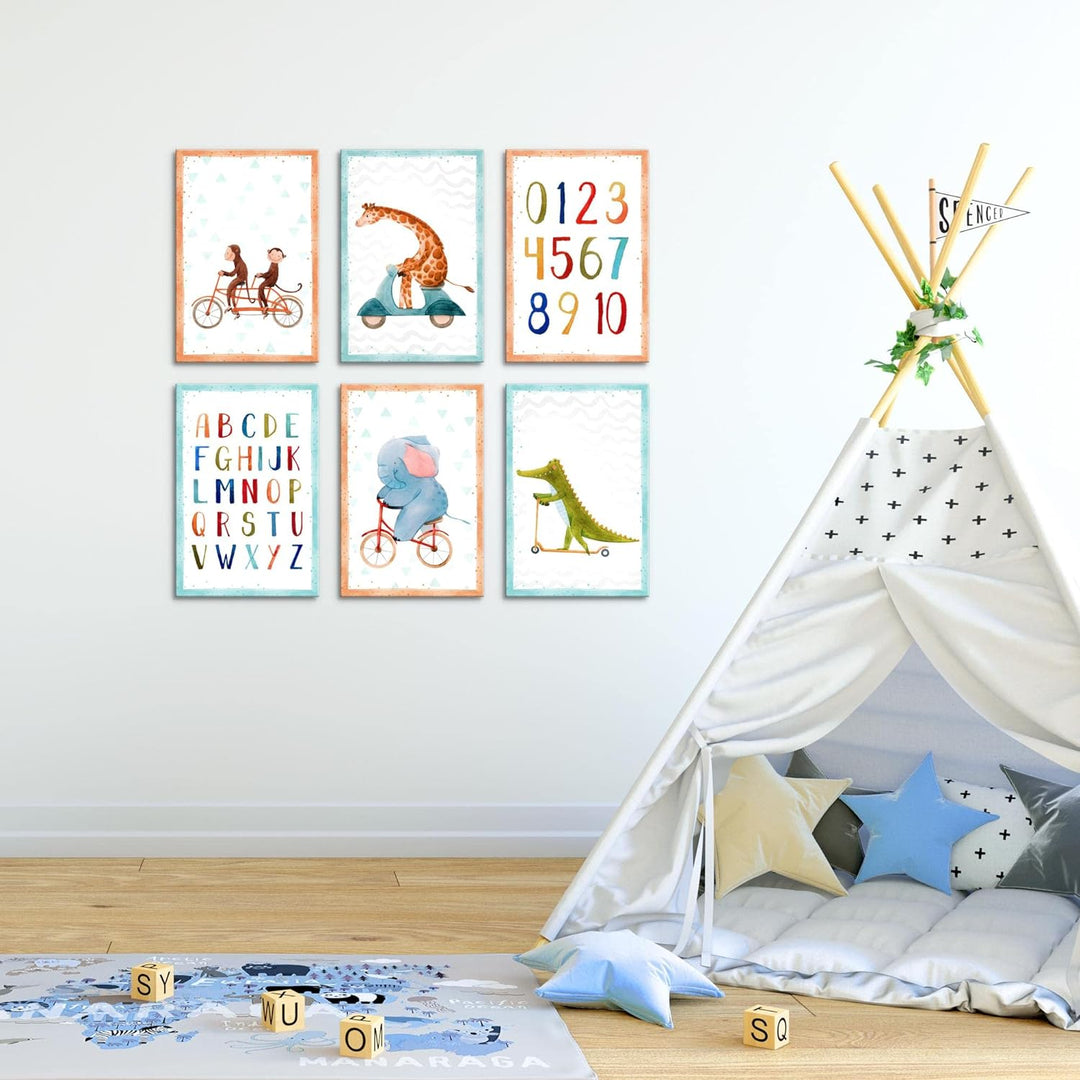Novart Wandbilder Set - KOMPLETT AUFHÄNGFERTIG - Made in Germany - Moderne Bilder Tiere ABC Kinderzi