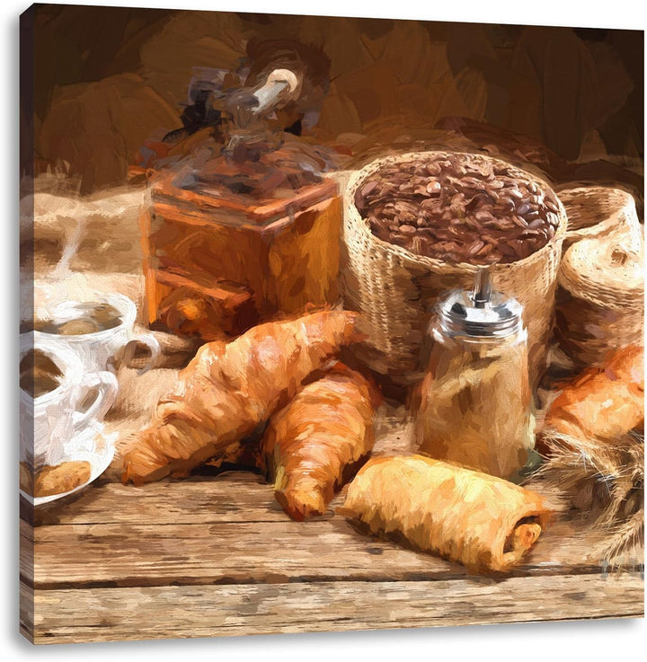 Pixxprint Aromatischer Kaffee mit Croissant als Leinwandbild Quadratisch/Grösse: 70x70 / Wandbild/Ku