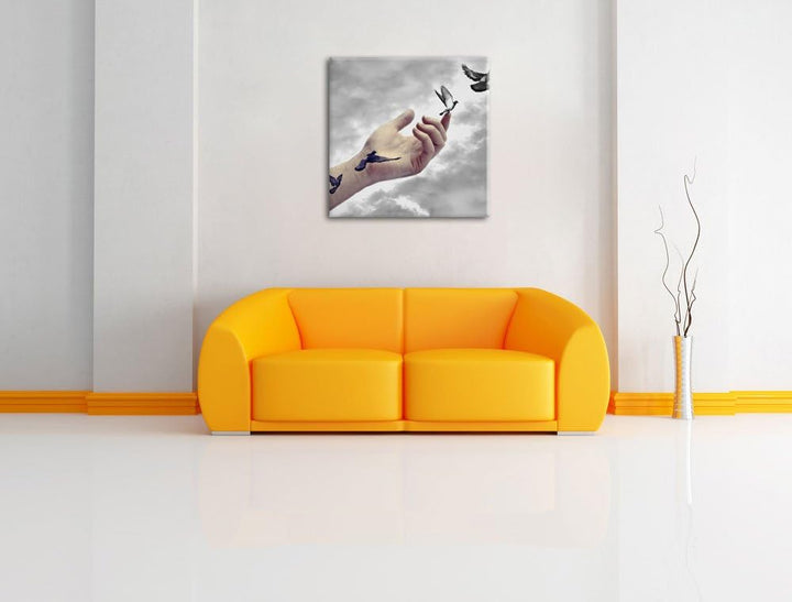 Pixxprint Vögel fliegen in die Freiheit Schwarz/Weiss, Format: 70x70 auf Leinwand, 70x70
