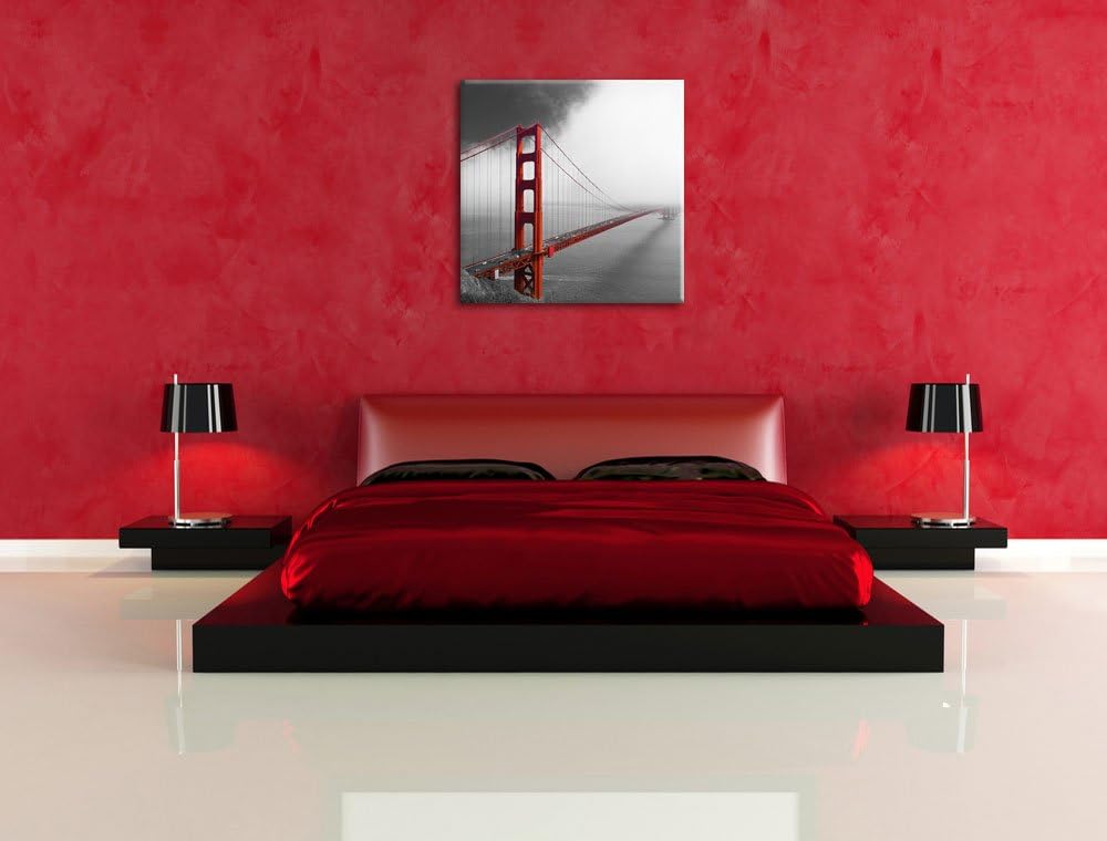 Pixxprint rote Golgen Gate Bridge in San Francisco schwarz/weiss, Format: 70x70 auf Leinwand, 70x70