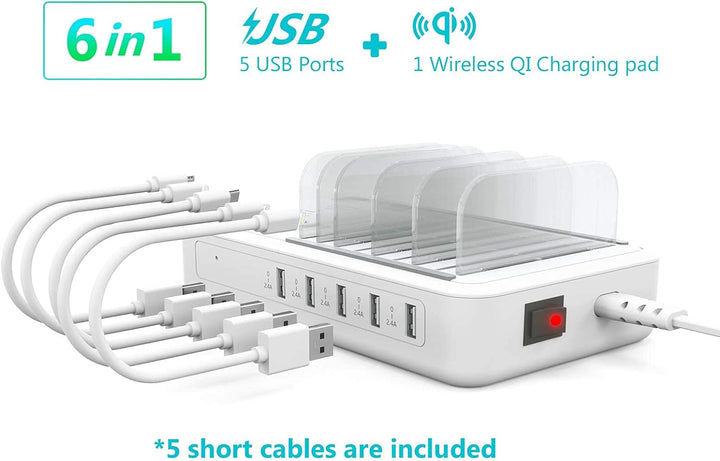 TechDot Ladestation Mehrere Geräte mit Induktives Kabellos Ladegerät Wireless Charger 5 Port Chargin