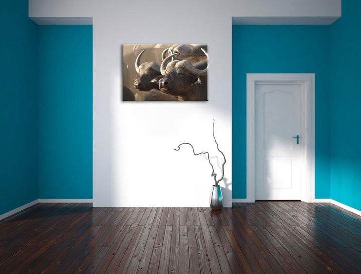 Zwei gemütliche Wasserbüffel Format: 100x70 auf Leinwand, XXL riesige Bilder fertig gerahmt mit Keil