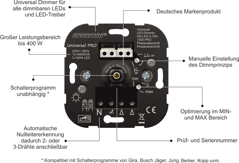 5 Jahre Garantie! EBROM® Unterputz UNIVERSAL LED Dimmer Drehdimmer Phasenabschnitt + Phasenanschnitt