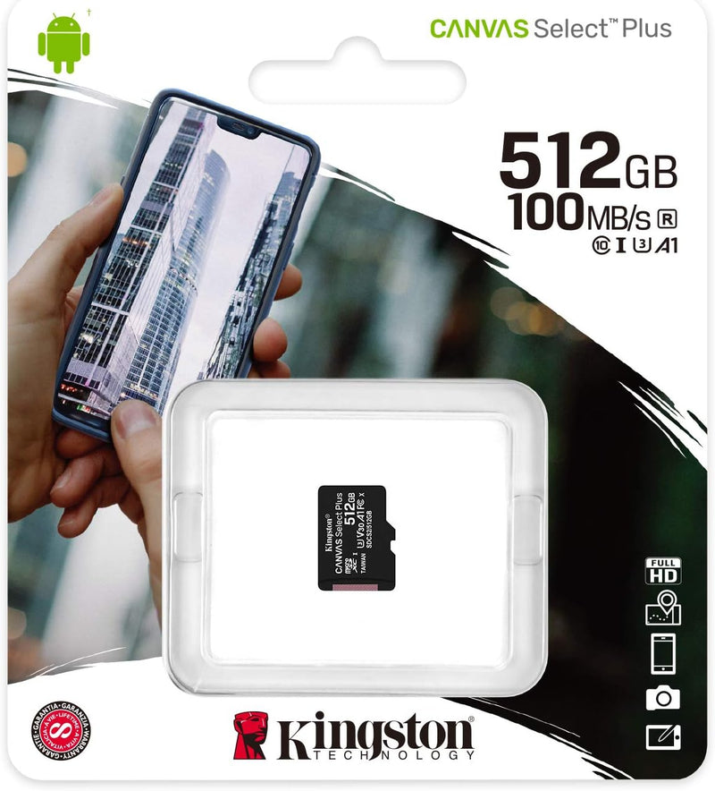 Kingston Canvas Select Plus microSD Speicherkarte, SDCS2/512GBSP Class 10 512GB Nur Karte, 512GB Nur