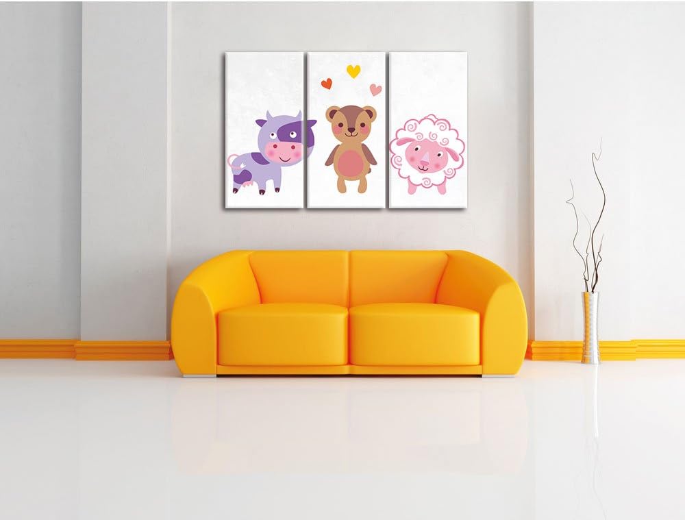Pixxprint Kuh Teddy und Schaf als Leinwandbild/Grösse: 3 Teilig (120x80) cm/Wandbild/Kunstdruck/fert