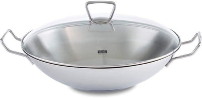 Fissler Kunming / Edelstahl-Wok (Ø 36 cm) grosse Wok-Pfanne unbeschichtet,Asiapfanne mit Glas-Deckel