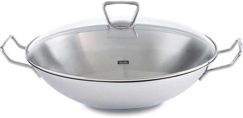 Fissler Kunming / Edelstahl-Wok (Ø 36 cm) grosse Wok-Pfanne unbeschichtet,Asiapfanne mit Glas-Deckel