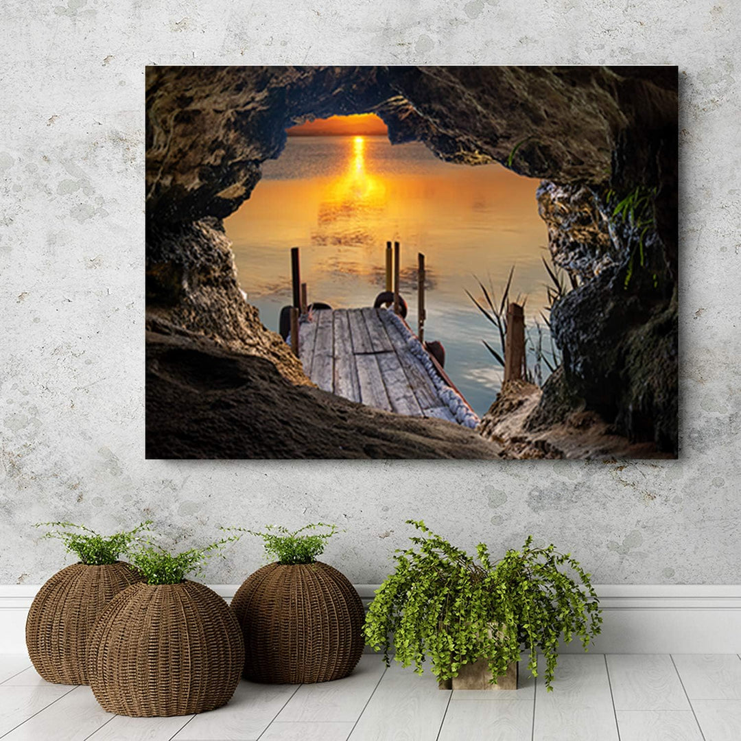 Feeby Leinwandbild XXL Höhle Illusion Wandbild Kunst Sonnenuntergang Orange 120x80 cm Leinwandbild 1