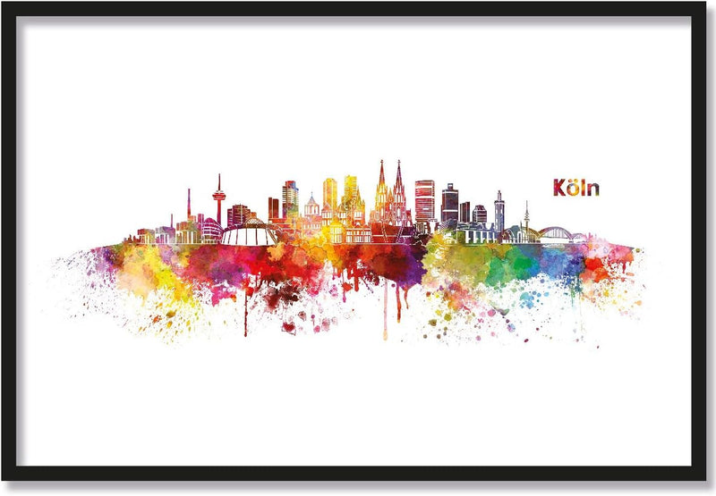 JUNIWORDS Poster mit/ohne Holzrahmen, Wähle ein Motiv, Aquarell Skyline Köln, Wähle eine Grösse, 30