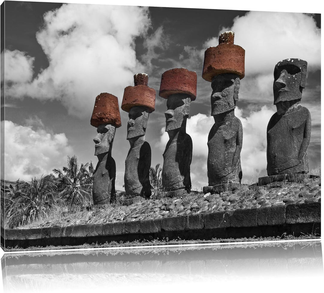 Moai Statuen auf den Osterinseln schwarz/weiss Format: 100x70 auf Leinwand, XXL riesige Bilder ferti