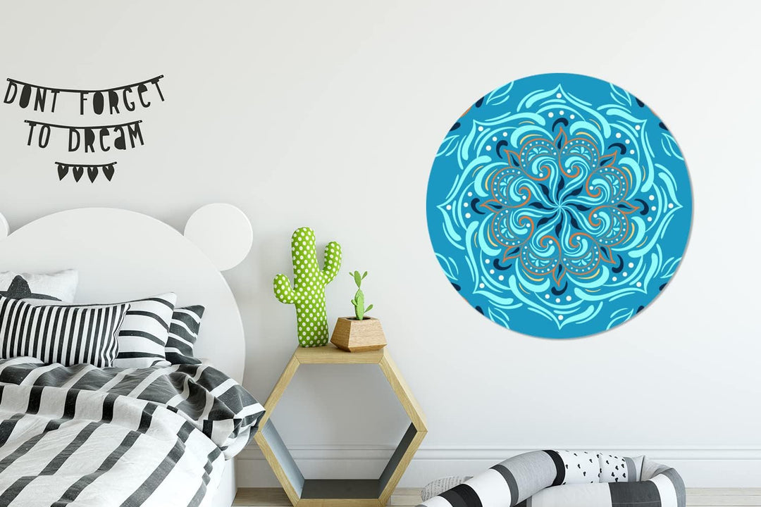 Wandbild Rund Wanddeko Deko Wohnzimmer Bilder 90x90 cm Mandala - Blau - Orange - Muster, 90x90 cm