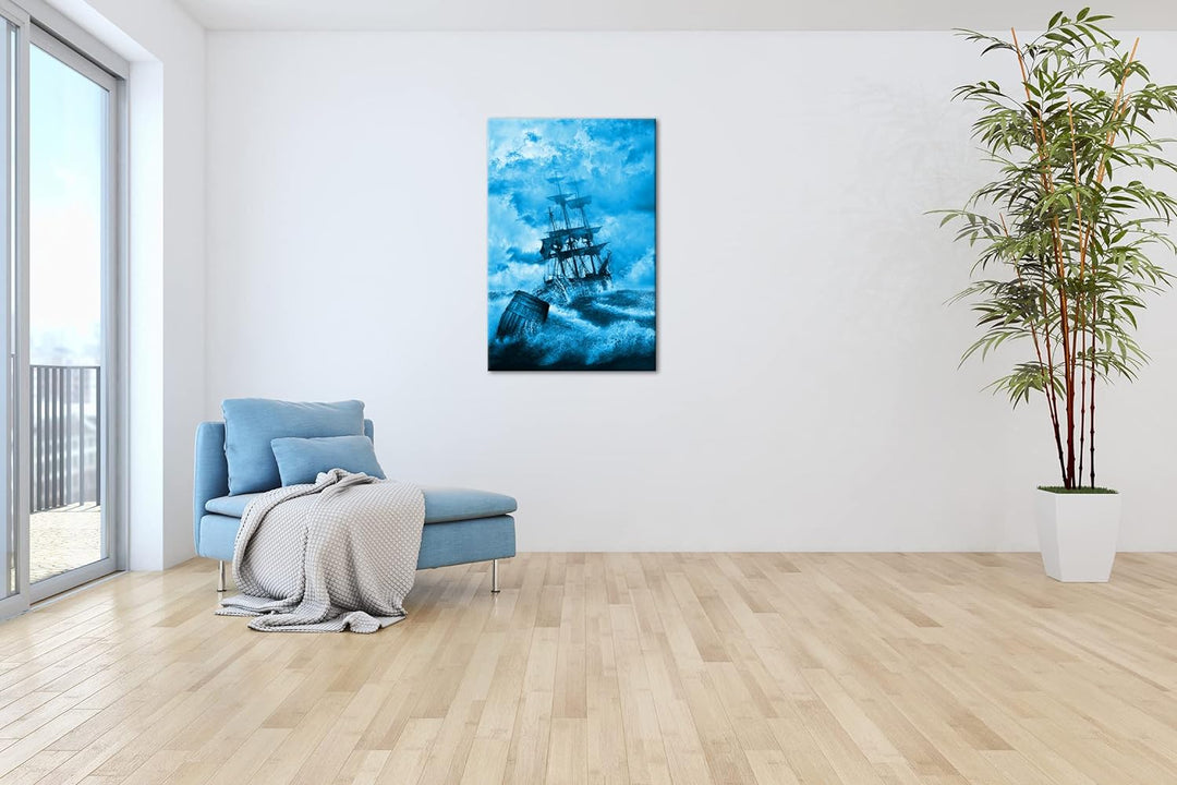 deyoli Schiff bei stürmischen Wetter in Seenot Format 80x60 Effekt: Monocrome Blau als Leinwandbild,