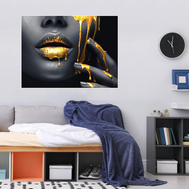 wandmotiv24 Poster als Wanddeko, Grösse 80x60cm, Frauen Lippen mit Goldener Farbe, Beauty, Frau, Mak