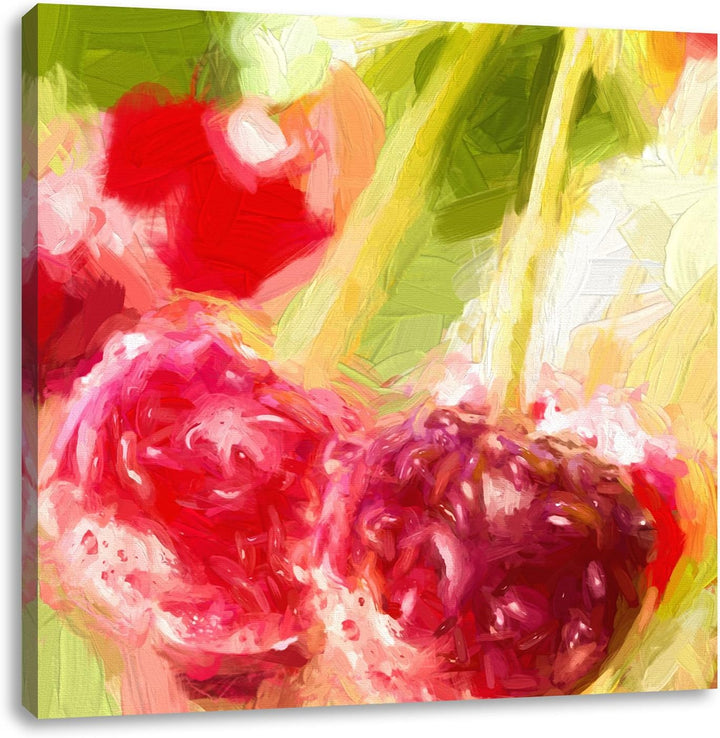 Pixxprint Frische Kirschen am Baum Pinsel Effekt, Format: 70x70 auf Leinwand, 70x70