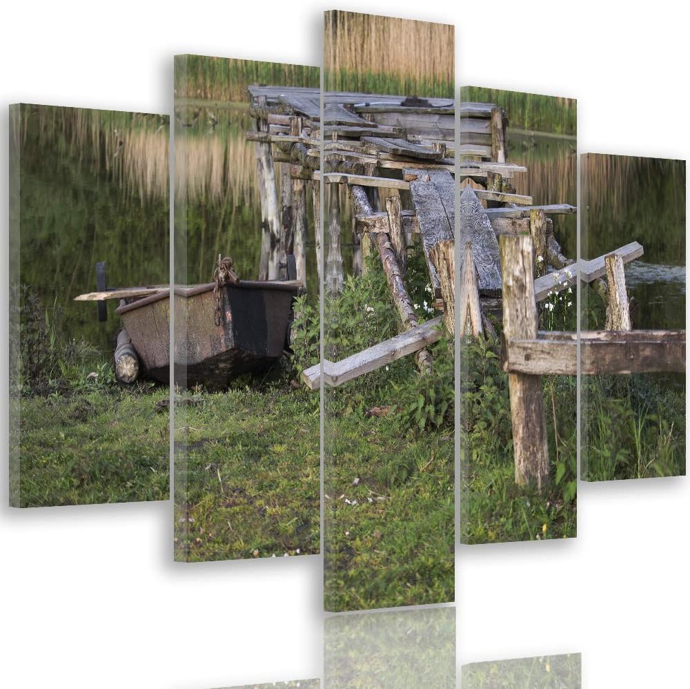 Feeby Bild auf Leinwand Landschaft 5 Teilig Modern Natur Wasser Brücke grün 200x100 cm Leinwandbild
