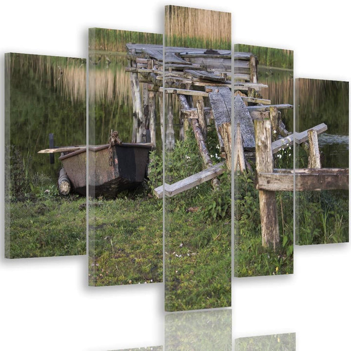 Feeby Bild auf Leinwand Landschaft 5 Teilig Modern Natur Wasser Brücke grün 200x100 cm Leinwandbild