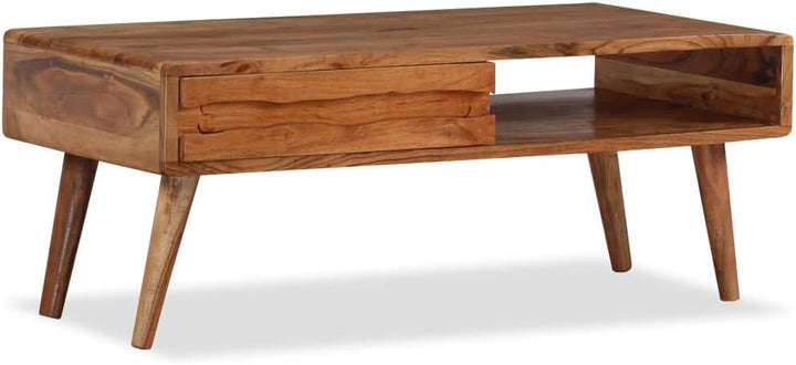 Tidyard Kaffeetisch Couchtisch aus Massivholz mit 1 Geschnitzte Schublade, 100 x 50 x 40 cm (L x B x
