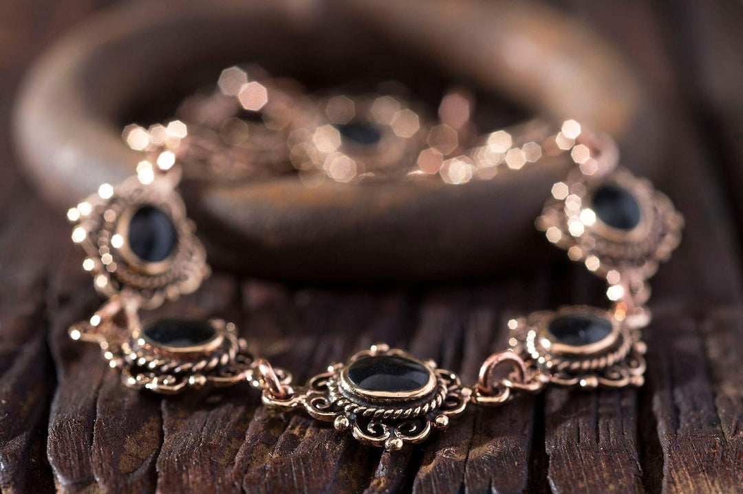 Windalf Mittelalter-Armkette MÉDIÉVALE 19 cm Schwarzer Onyx Armband Edle Bronze