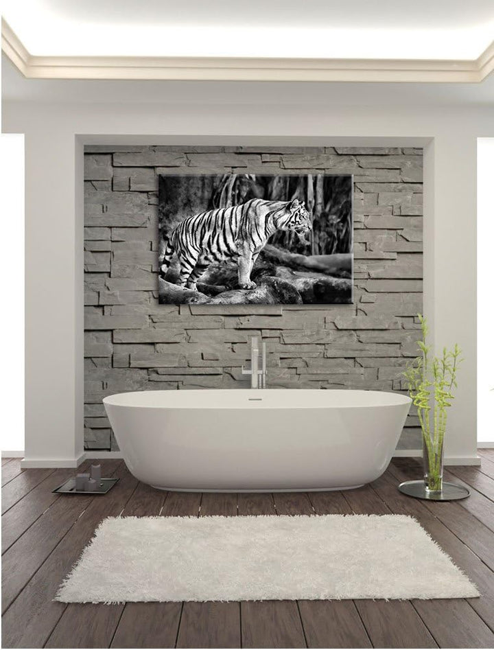 Monocrome, Tiger, Format: 100x70 auf Leinwand, XXL riesige Bilder fertig gerahmt mit Keilrahmen, Kun