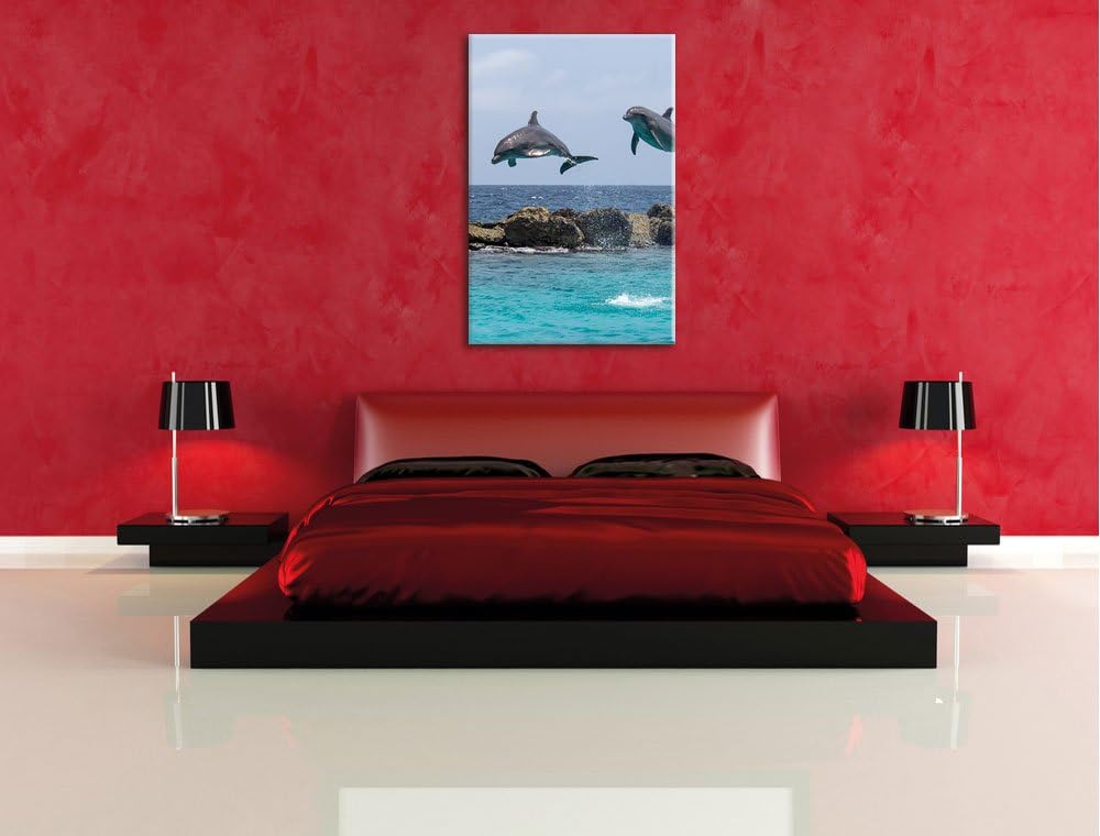 springende Delphine, Format: 100x70 auf Leinwand, XXL riesige Bilder fertig gerahmt mit Keilrahmen,