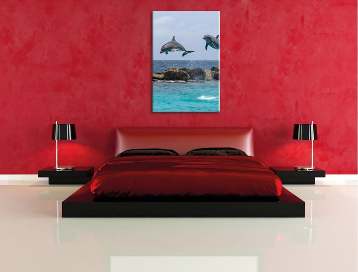 springende Delphine, Format: 100x70 auf Leinwand, XXL riesige Bilder fertig gerahmt mit Keilrahmen,