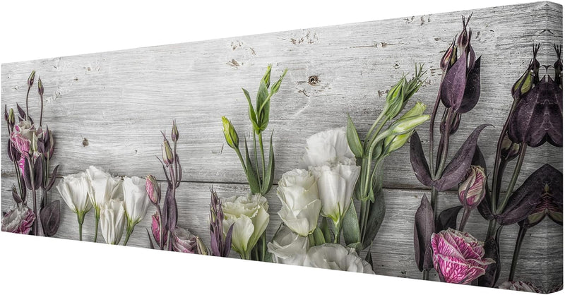 Bilderwelten Leinwandbild - Tulpen-Rose Shabby Holzoptik - Panorama Quer, 70cm x 200cm, 70cm x 200cm