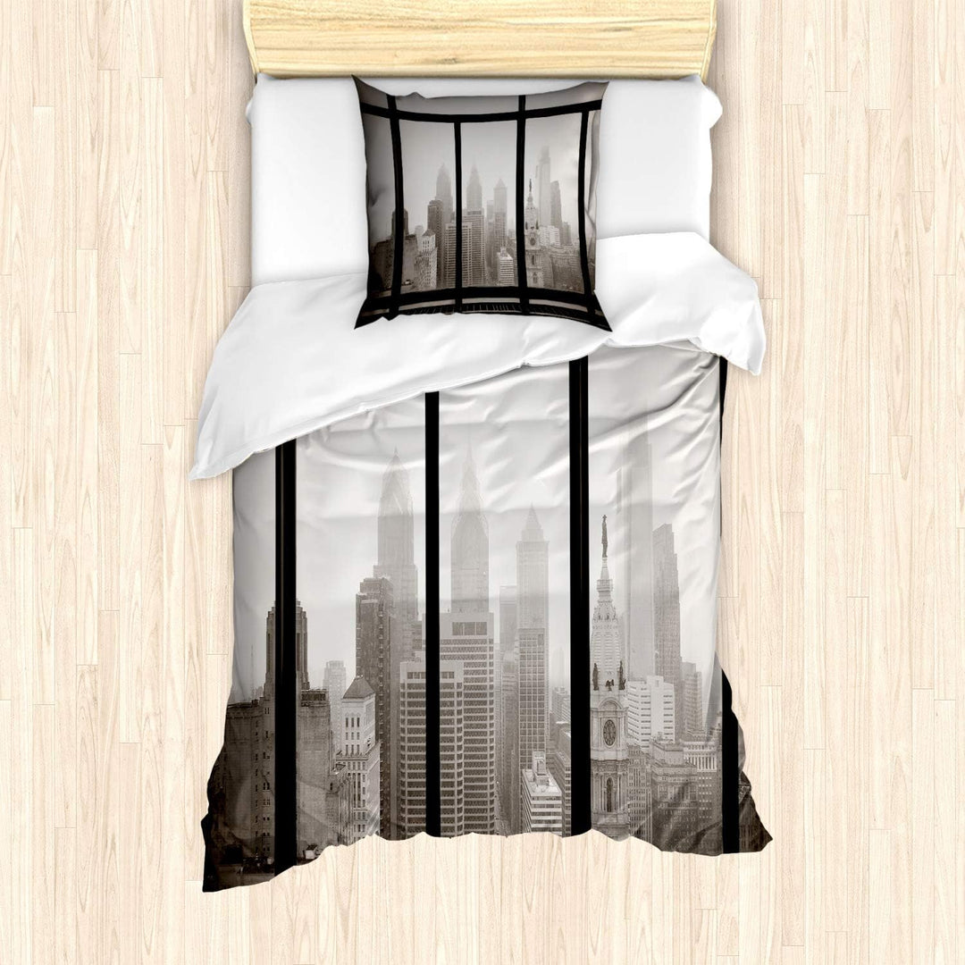 ABAKUHAUS Landschaft Bettbezug Set für Einzelbetten, Philadelphia Stadt-Dach, Milbensicher Allergike