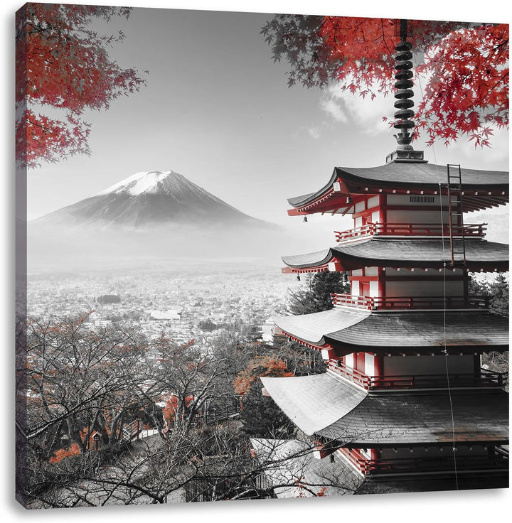 Pixxprint Japanischer Tempel im Herbst Schwarz/Weiss, Format: 70x70 auf Leinwand, 70x70