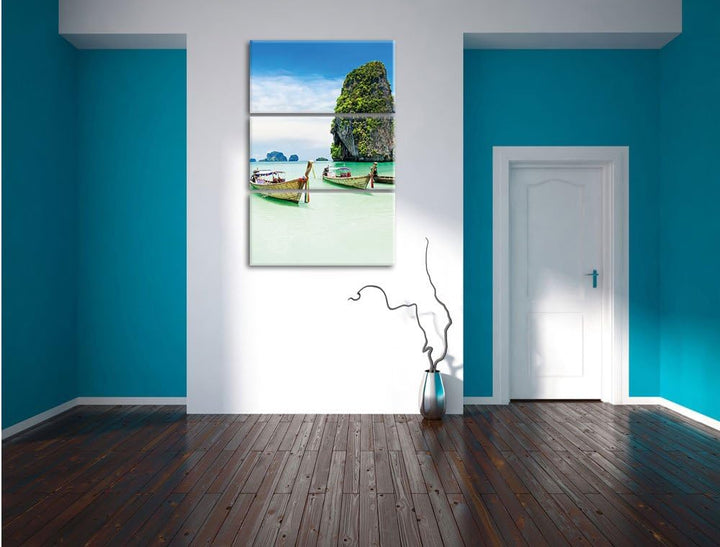Pixxprint Longtailboote in Thailand als Leinwandbild/Grösse: 3 Teilig (120x80) cm/Wandbild/Kunstdruc