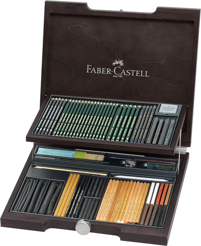 Faber-Castell 112971 - Pitt Monochrome Holzkoffer, 86 Teile Holzkoffer 85-teilig, Holzkoffer 85-teil