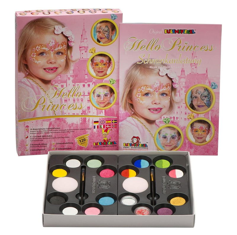 Eulenspiegel 212073 - Hello Princess Schmink-Palette, 10 Profi-Aqua Farben, 4 Split Cakes, 2 Glitter