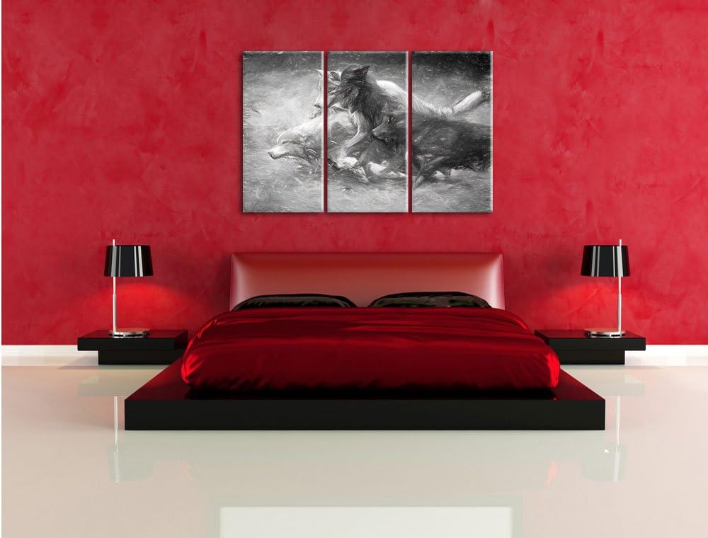 Pixxprint Tobendes Wolfsrudel als Leinwandbild/Grösse: 3 Teilig (120x80) cm/Wandbild/Kunstdruck/fert