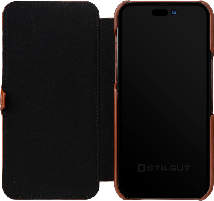 STILGUT Book Case kompatibel mit iPhone 14 Pro (6.1“) Hülle aus Leder mit Clip-Verschluss, Klapphüll