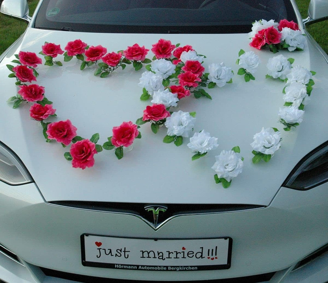 DOPPEL Herz Auto Schmuck Braut Paar Rose Deko Dekoration Autoschmuck Hochzeit Car Auto Wedding Deko