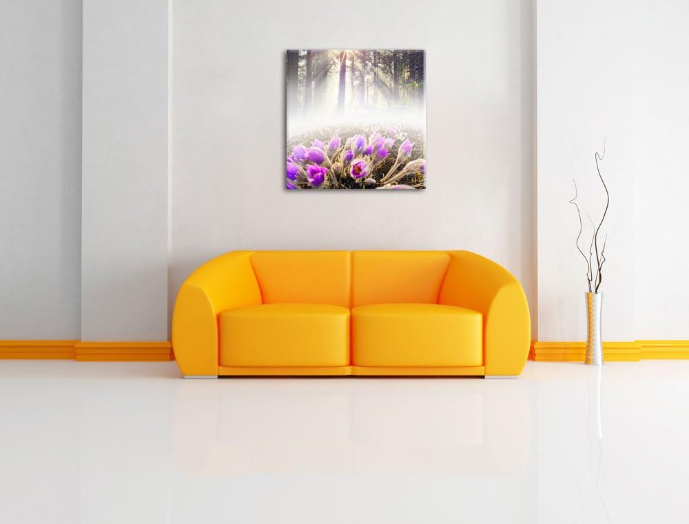 Pixxprint blühende lila Blumen im Wald, Format: 70x70 auf Leinwand, 70x70