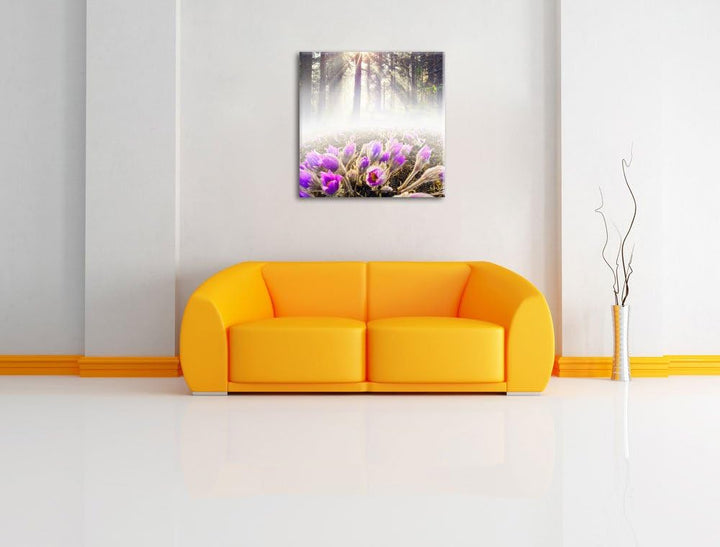 Pixxprint blühende lila Blumen im Wald, Format: 70x70 auf Leinwand, 70x70