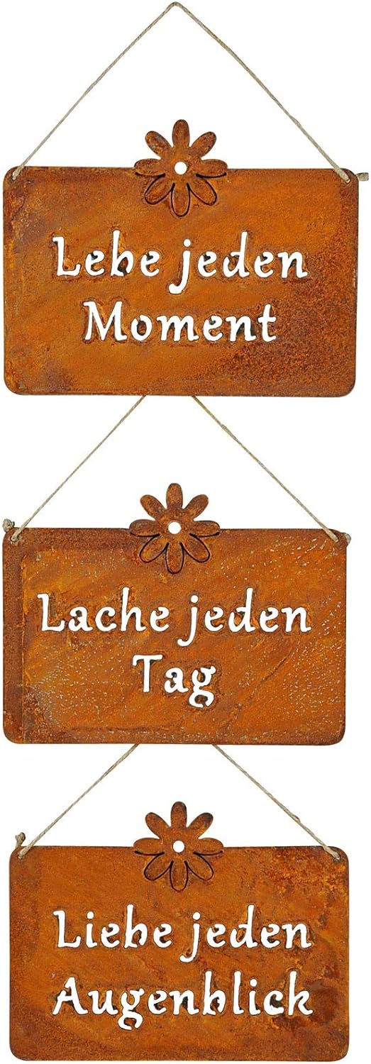 3er Set Wandbilder Sprüche 25x19cm Schilder Garten-Deko Türschild Edelrost Braun Rostdeko Lebe Liebe