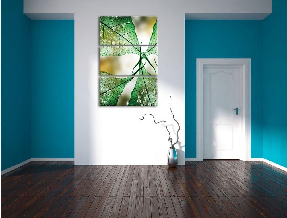 Pixxprint Grüne Blätter / 3-Teilig/Gesamtmass 120cm Leinwandbild bespannt auf Holzrahmen/Wandbild Ku